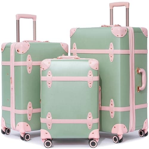 NZBZ Vintage Luggage Sets for Women Retro Suitcase with Wheels TSA Lock Cute Luxury Luggage 3 Pieces (Green with Pink, 20inch & 24inch & 28inch) Green with Pink 20inch & 24inch & 28inch