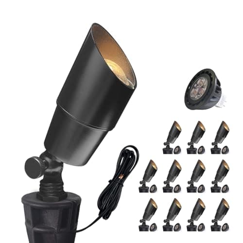 COLOER Brass Low Voltage Landscape Spotlight(Black) 12-Pack with 5W Aluminum Housing MR16 LED Bulb 2700K 450LM CRI85+,12V AC/DC Outdoor Uplighting, Directional Garden Patio Spot Up Light(101