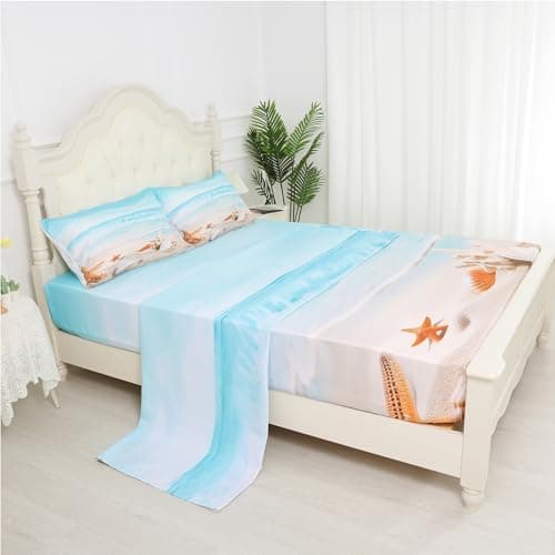 Beach Bed Sheets Set Twin Fitted Sheets Coastal Nature Theme Pattern Teal Flat Sheet Boys Girls Hawaiian Top Sheet Starfish Sheet Set 1 Pillowcase, Blue Room Decor Lcl01-05 Twin