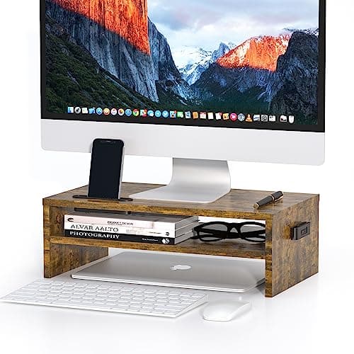 BONTEC Wooden Monitor Stand Riser, 2-Tier Desk Shelf with Storage Organizer, Ergonomic Computer Stand with Cable Management, Cellphone Holder, Vintage Brown, 16.5 Inch Vintage Brown 16.5 inc