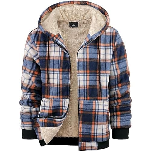 ZITY Heavy Thick Hoodies for Men Plaid Flannel Warm Sherpa Fleece Lined Winter Full Zip Up Coat Blue Orange Medium