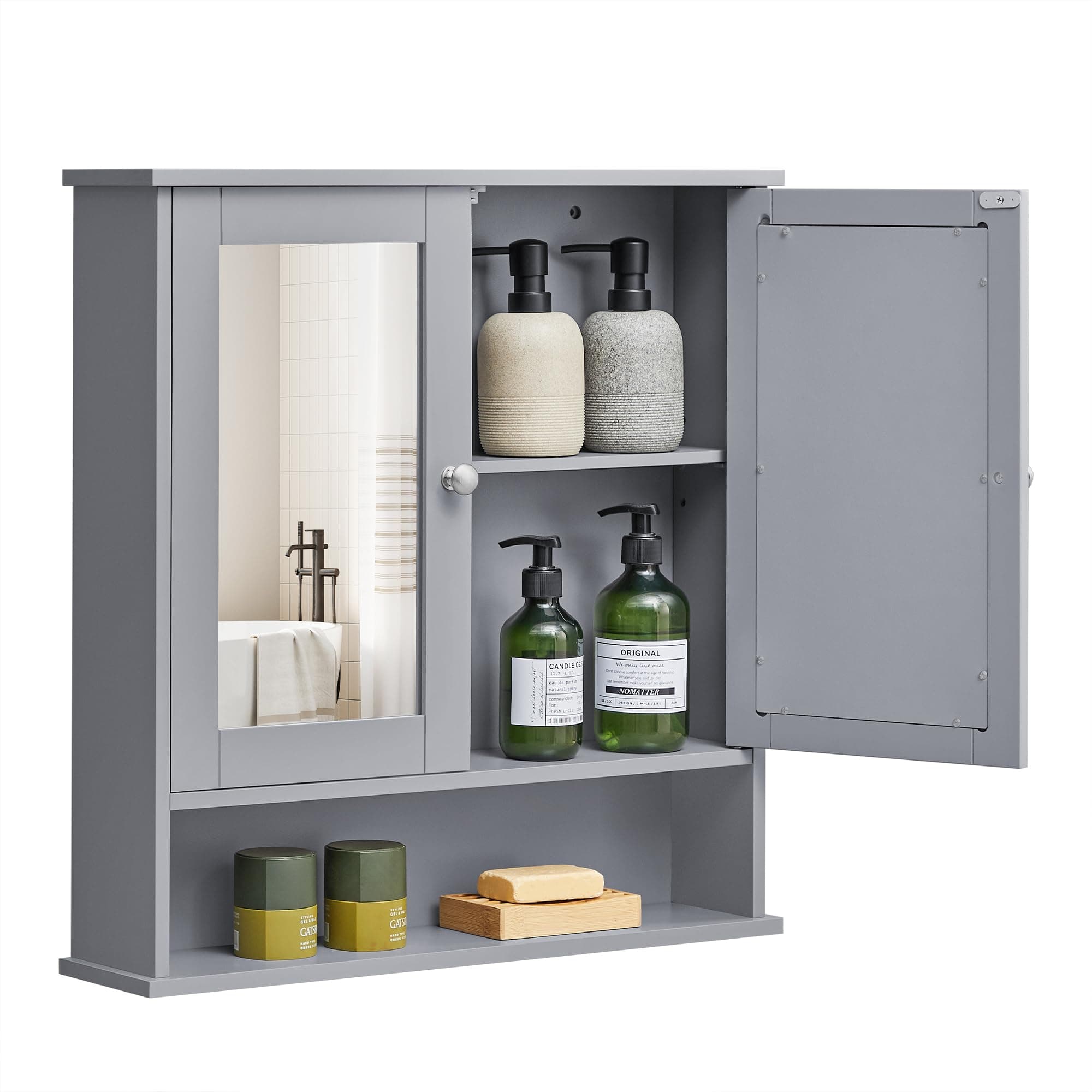 VASAGLE Bathroom Cabinet with Mirror, Wall Cabinet with 2 Mirrored Doors, Adjustable Shelf, Open Compartment, Wall-Mounted, 5.1 x 22.2 x 23 Inches, Dove Gray ULHC002G02 5.1"D x 22.2"W x 23"H