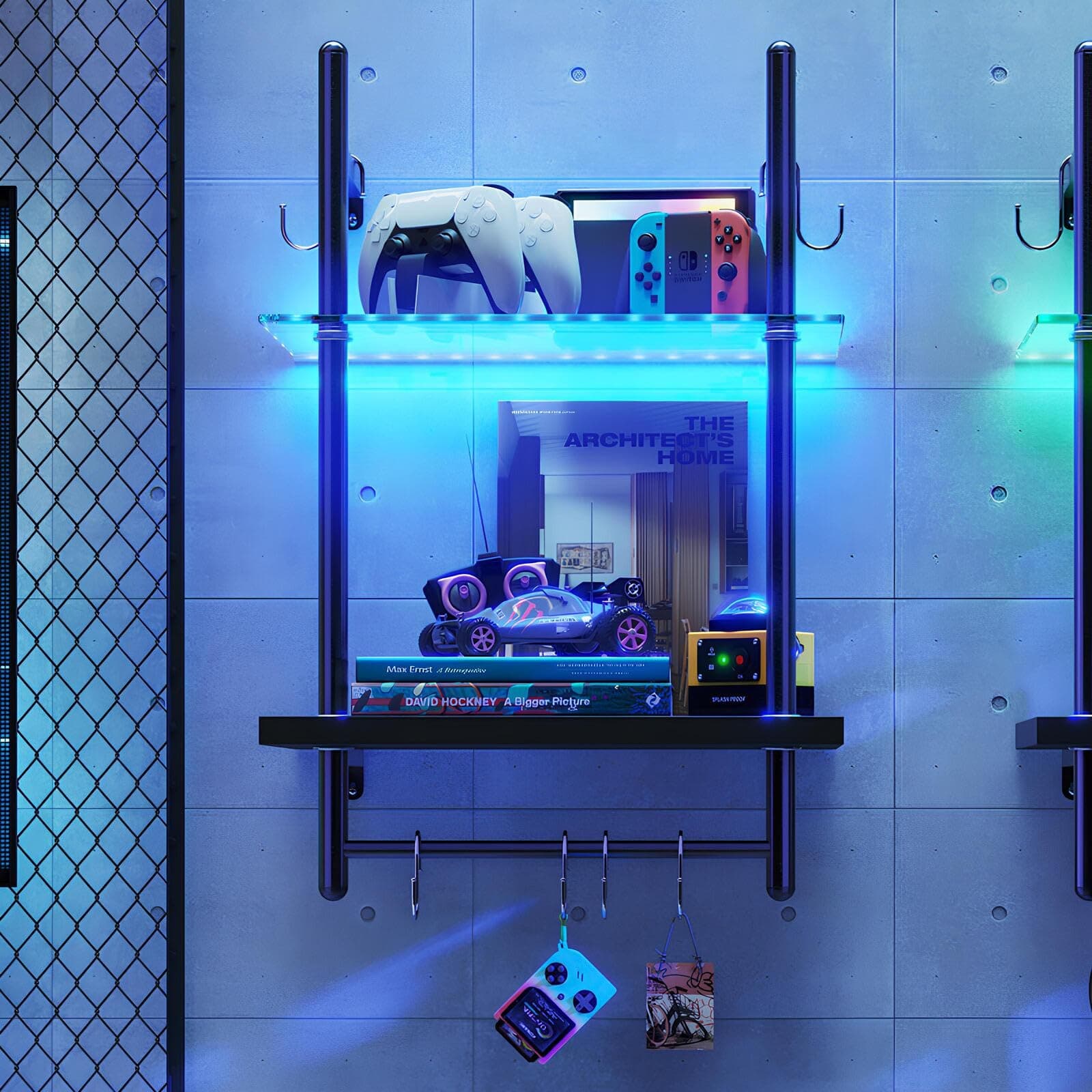 Bestier LED Gaming Floating Shelves for Wall, 15" Wall Mounted Shelf Pipe Glass Shelves, 2 Tier Hanging Display Rack with 6 S-Hooks Towel Bar, Gaming Room Decor Shelf, Carbon Fiber Black 15 