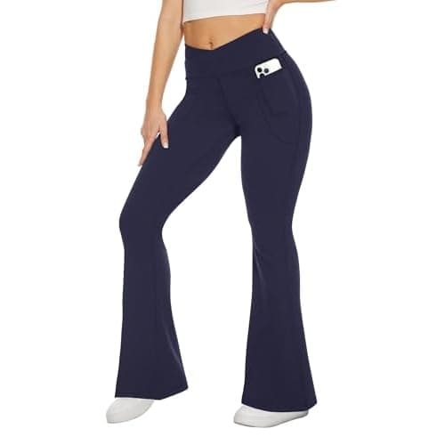 TNNZEET Black Flare Leggings for Women, Crossover Yoga Pants with Pockets Bootcut Flared Leggings V Rise X-Large Navy Blue