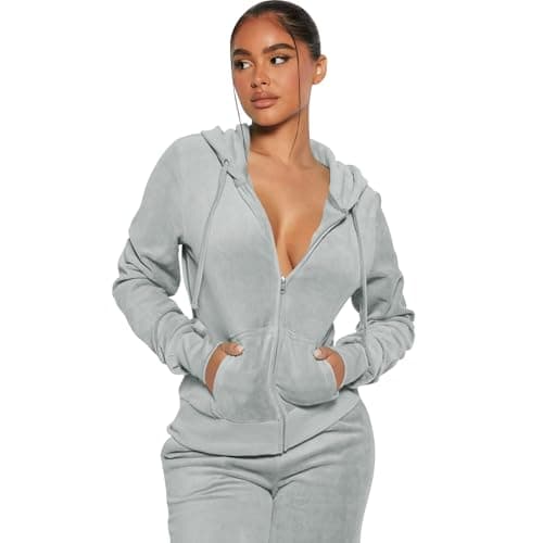 yidengymx Womens 2 Piece Velour Tracksuit Two Piece Soft Velvet Hooded Outfits for Women Medium Hoodie/Jogger Pants-grey
