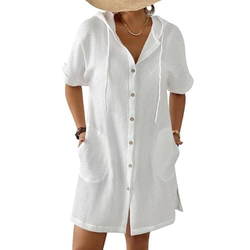 Bsubseach Womens Swimsuit Cover Up Shirt Button Down Short Sleeve Bathingsuit Coverups Hooded Beach Coverup With Pockets White Large