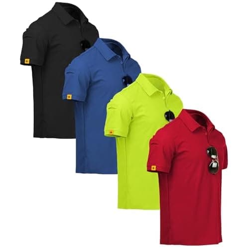 ZITY 4 Pack Mens Polo Shirt Short Sleeve Sports Golf Tennis T-Shirt Athletic Collared Tactical Shirts Large Blue Black Lemongreen Red