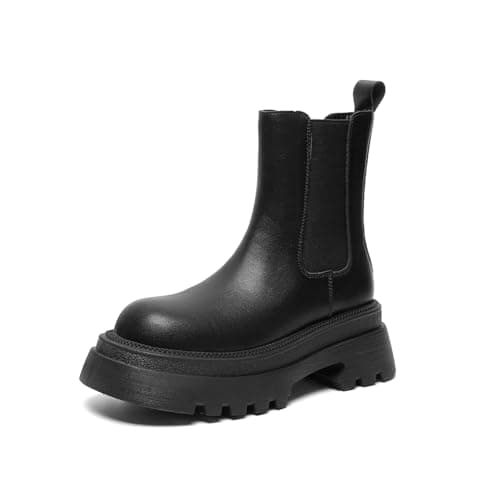 Amoji Women Leather Chelsea Platform Boots Lug Sole Ankle Booties 916 5 Narrow Black