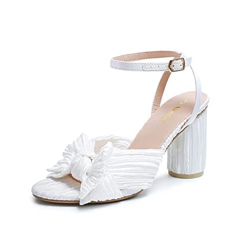 Amoji Women's Satin Block Heeled 3 Inch-4 Inch Sandal Bowknot Pleated Ankle Strap for Wedding Party Dress Shoes 302 10 3.7inch-satin-white