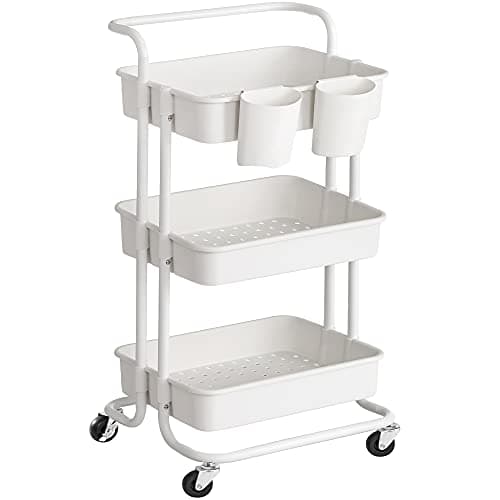 SONGMICS Rolling Cart, 3-Tier Storage Cart, Storage Trolley with Handle 2 Small Organizers, Steel Frame, Plastic Baskets, Utility Cart, Easy Assembly, for Bathroom Laundry Room, White UBSC06