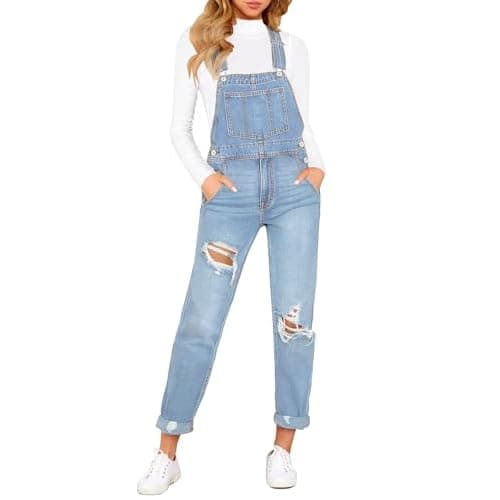 luvamia Women's Casual Stretch Adjustable Denim Bib Overalls Jeans Pants Jumpsuits Large E Light Blue