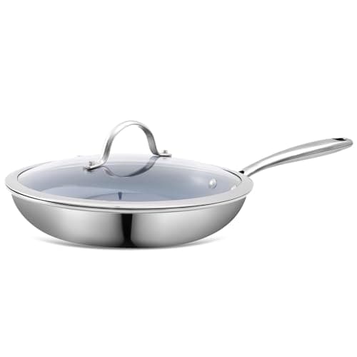 Stainless Steel Non Stick Frying Pan,10 Inch Healthy Non Toxic Ceramic Coating Cookware with Lid,Works on Induction, Electric Stove and Gas Cooktops,PTFE PFAS PFOA Free Skillet,Dishwasher&Ov