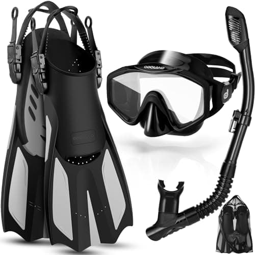 Odoland Snorkel Set, Adults Snorkeling Packages with Dry Top Diving Mask, Adjustable Swim Fins, Mesh Bag, Anti-Fog Anti-Leak Snorkeling Gear for Men Women Black S/M (US Men 4.5-8.5/ Women 5.