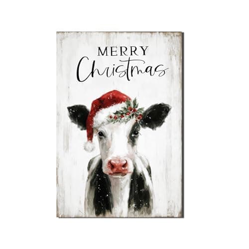 Farmhouse Christmas Cow Wall Art β Santa Hat Decor 16x24