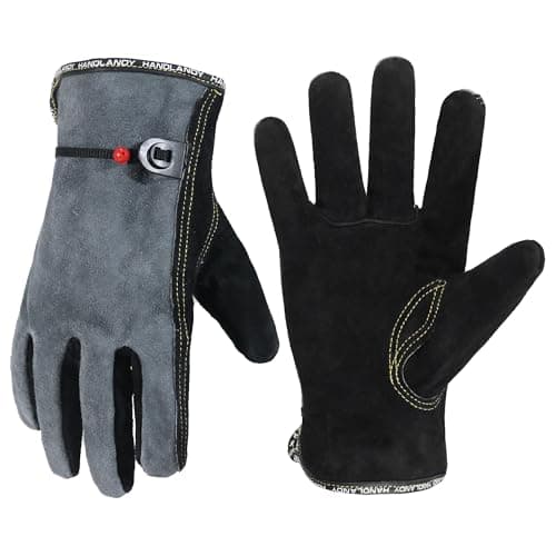HANDLANDY Leather Work Gloves for Men and Women, Utility Tough Cowhide Glove Black-grey Men's L/Women's XL