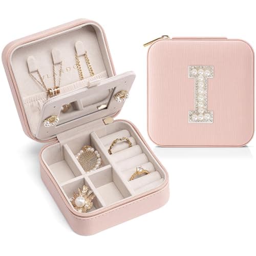 Vlando Jewelry Case for Girls Womens Fashion, Pink Jewelry Box Travel Must Haves, Jewelry Box for Girls, Small Travel Jewelry Case Birthday Gifts for Travel Gifts for Women - Letter I, Pink