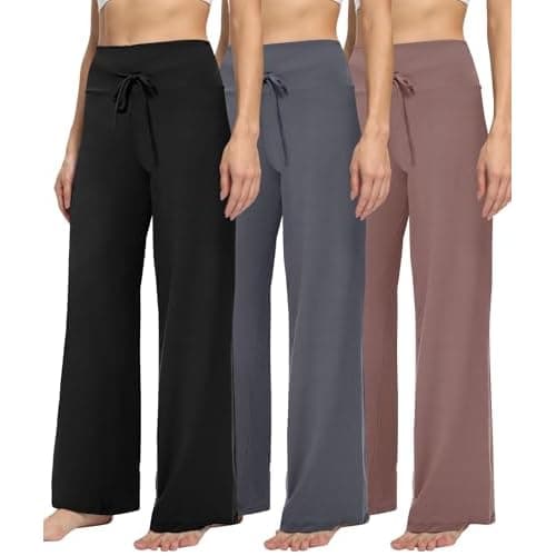 TNNZEET 3 Pack Women's Wide Leg Pants with Pockets - Casual Loose Yoga Trouser Pants Sweatpants Palazzo Lounge Pajama Pants Two Pocket Large Black, Grey, Pink