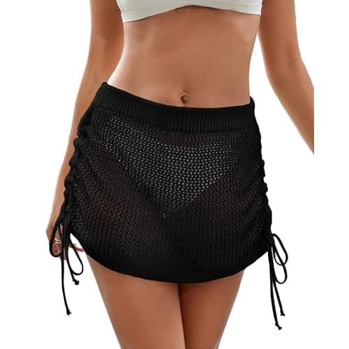 Eddoyee Women Swim Skirts Crochet Cover Up Skirt 2025 Drawstring Side Crochet Beach Swimwear Black Large
