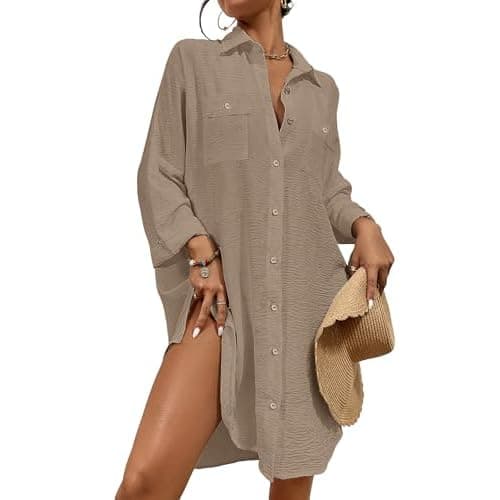 Bsubseach Womens Modern Swimsuit Cover Up Blouse Button Down Shirt Dresses Tops Light Coffee Medium