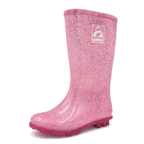 Amoji Gril Glitter Easy On Rain Boots Rubber Waterproof Boots (Little Kid/Big Kid) 5 Big Kid Pink