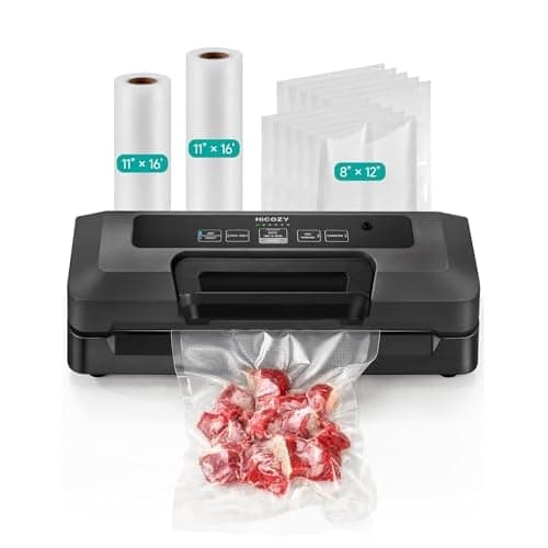 HiCOZY Vacuum Sealer for Food, Powerful Heat Food Sealer, Dry Moist 7-1 Multiple Automatic Modes, Easy-Lock Handle, Compact Design with 10 Vacuum Bags & 2 Bag Rolls, Bag Cutter Included, Bla