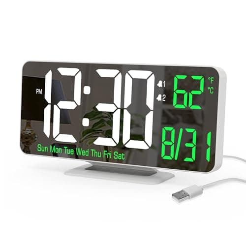 KOSUMOSU Alarm Clock for Bedroom, 6.7" Led Desk Digital Clock,Mirror Clock,Dual Alarm Clock for Living Room with Seconds,Date,Week,12/24h,Dimming,Temp White Clock(white + Green Digits)