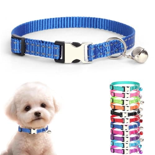 Blue Puppy Collar with Bell, Reflective Nylon Small Dog Collar with Bell,Bell for Dog Collar for XXS Xs Tiny Little Pet Dogs Cat Neck 7.5-11 Inch Dark Blule XS for Neck 7.5-11"