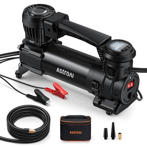 AstroAI T4 Heavy-Duty Air Compressor Auto Shutoff 12V Portable Air Pump with 1.97CFM, 120PSI Digital Car Tire Inflator with Alligator Clips, LED Light for Pickup, Truck, SUV RV for Up to 33