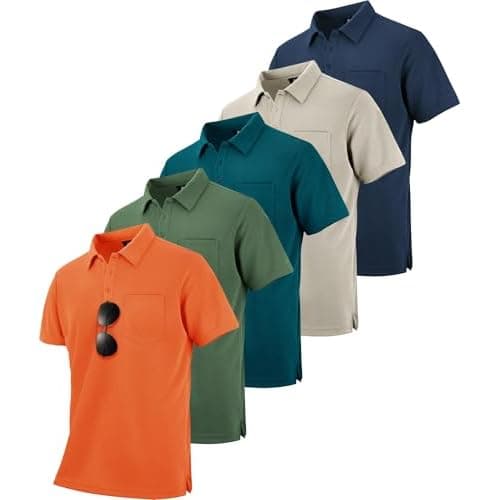 ZITY 5 Pack Polo Shirts for Men with Pocket Dry Quickly Short Sleeve Athletic Outdoor Work Collared Shirts Army Green+apricot+dark Orange+navy+dark Teal Blue 3X-Large