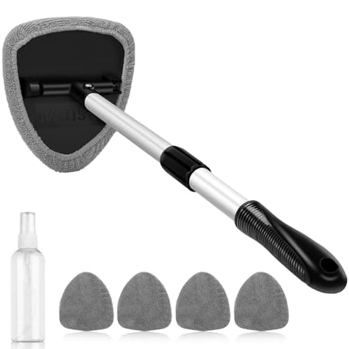 AstroAI Windshield Cleaner Tool, Car Interior Detailing Cleaning Kit with Extendable Handle and 4 Reusable Microfiber Pads, Auto Glass Wiper Brush Kit for Cars, Gray Grey