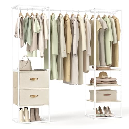 SONGMICS Clothes Rack, 70.9 Inch Wardrobe Freestanding Closet, Heavy Duty Garment Rack with 1 Extendable Hanging Rod, 2 Drawers and 4 Shelves, for Bedroom, Space-Saving, Natural Beige URGR00