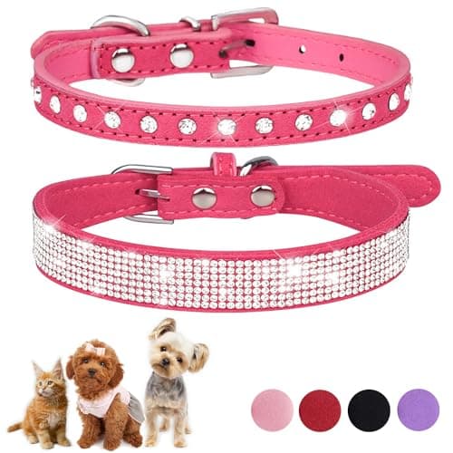 Hot Pink Sparkly Dog Collar XXS, 2-Pack Bling Diamond Kitten Collar Soft Suede Rhinestone Jewelry Crystal Female Puppy Collar with Bow for XXS XS Small Medium Girl Dogs & Cats (XXSmall) Rose