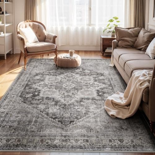 9x12 Area Rugs for Living Room Large Washable Area Rug-Carpet for Bedroom Dining Room Office Vintage Oriental Medallion Non Slip Soft Rug Grey Dark Grey 9' x 12' (Rectangular)