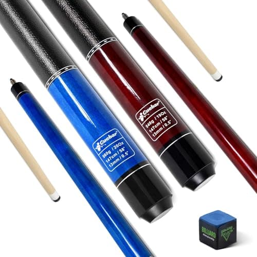 Pool Cues Set of 2, 58" 2-Piece Pool Sticks for Adults w/ 13mm Tip & Imitation Leather Grip, Billiard Cue Sticks in 2 Weights and Colors for Home Gameroom or Bar Blue+Red