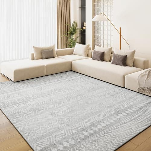 Grey Boho 9x12 Large Area Rugs for Living Room Bedroom Rug Carpet Washable Soft Neutral Modern Farmhouse Rug Non Slip Boho-lightgrey 9' x 12' (Rectangular)