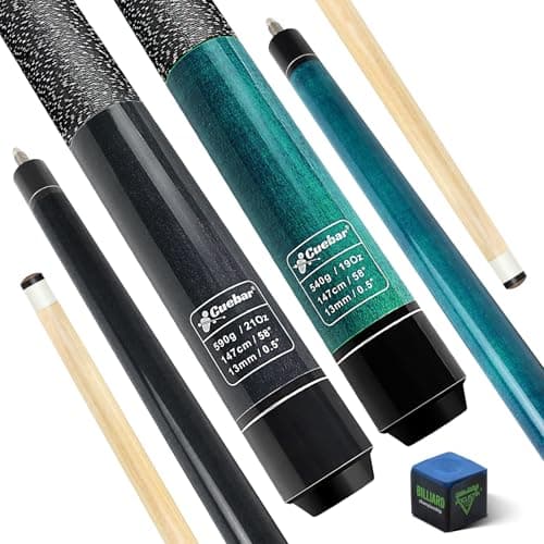 Pool Cues Set of 2, 58" 2-Piece Pool Sticks for Adults, Maple Wood Billiard Cue Sticks for House Bar, 13mm Tip, Imitation Linen Wrap, 2 Different Colors and Weights Black+Teal