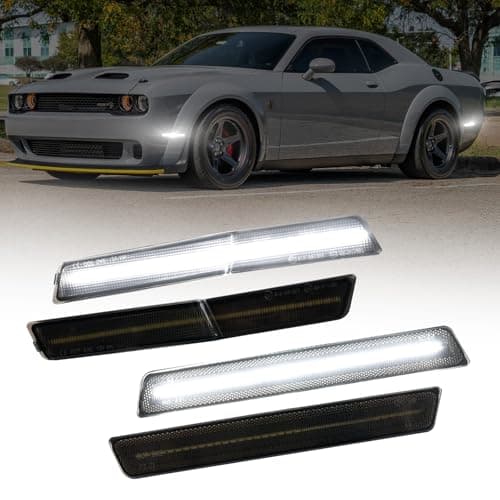 AUTOONE White LED Side Marker Lights for 2018-2023 Dodge Challenger SRT Hellcat, R/T Scat Pack Widebody, Smoked Lens Front Rear Corner Parking DRL Lamp, 4PCS White-Widebody