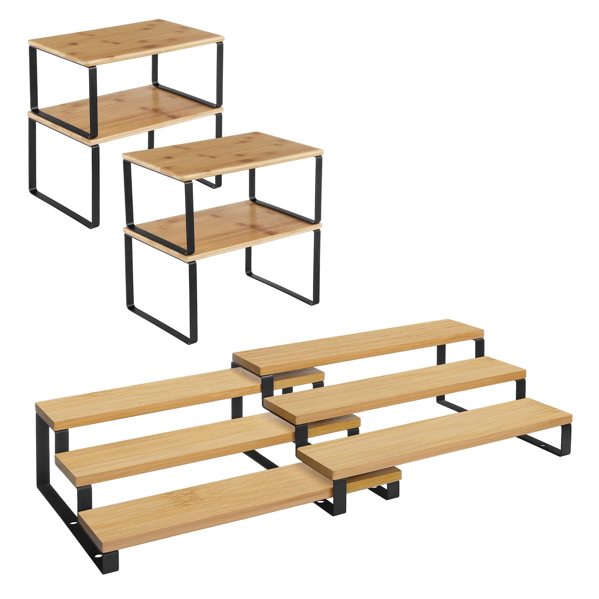 SONGMICS 4 Bamboo Shelf Organizers and 2 Spice Racks Bundle, 2 Sets of Cabinet Organizers, for Kitchen Organization, Natural and Black UKCS10NB and UKCS016N01