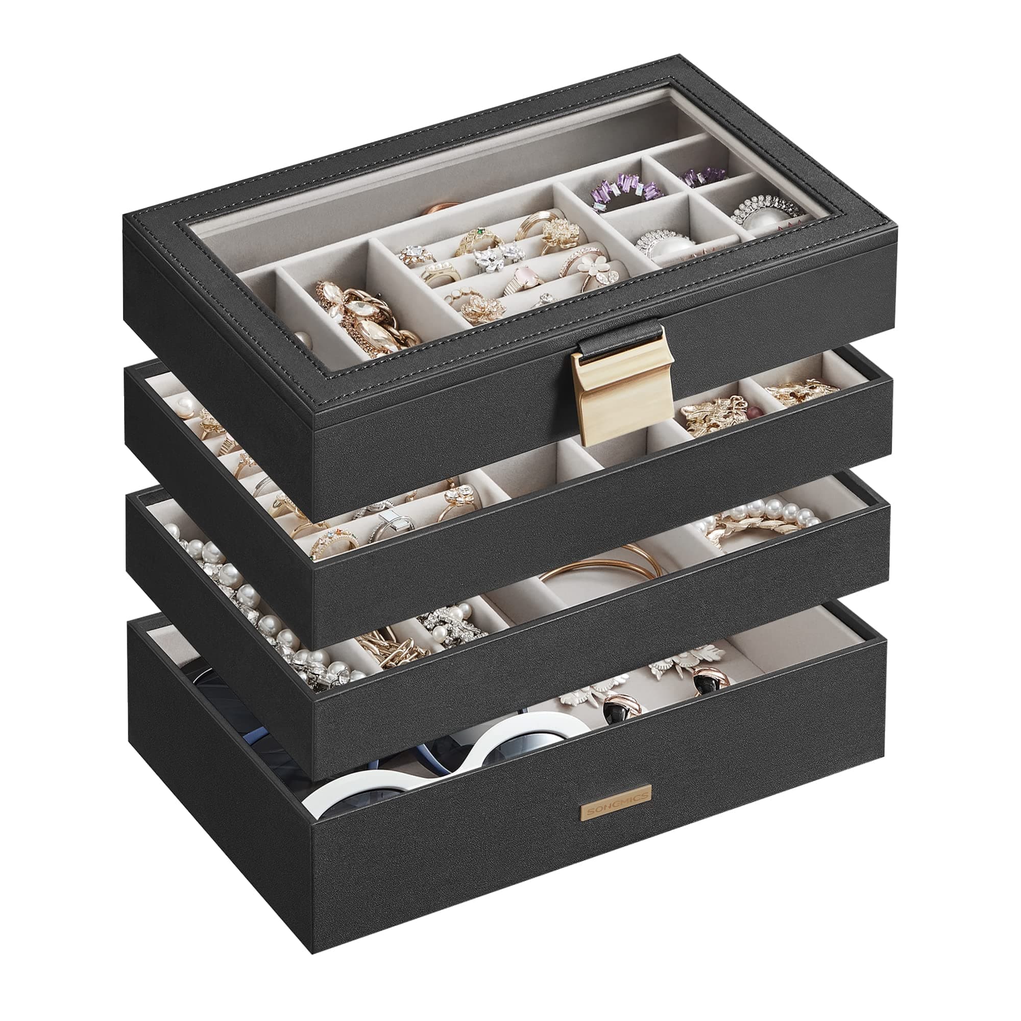 SONGMICS Stackable Jewelry Trays, 4-Tier Jewelry Box, Drawer Jewelry Organizer, with Glass Lid, Removable Dividers, for Vanity Table, 6.7 x 11 x 7.2 Inches, Gift Idea, Ink Black UJBC164B01 I